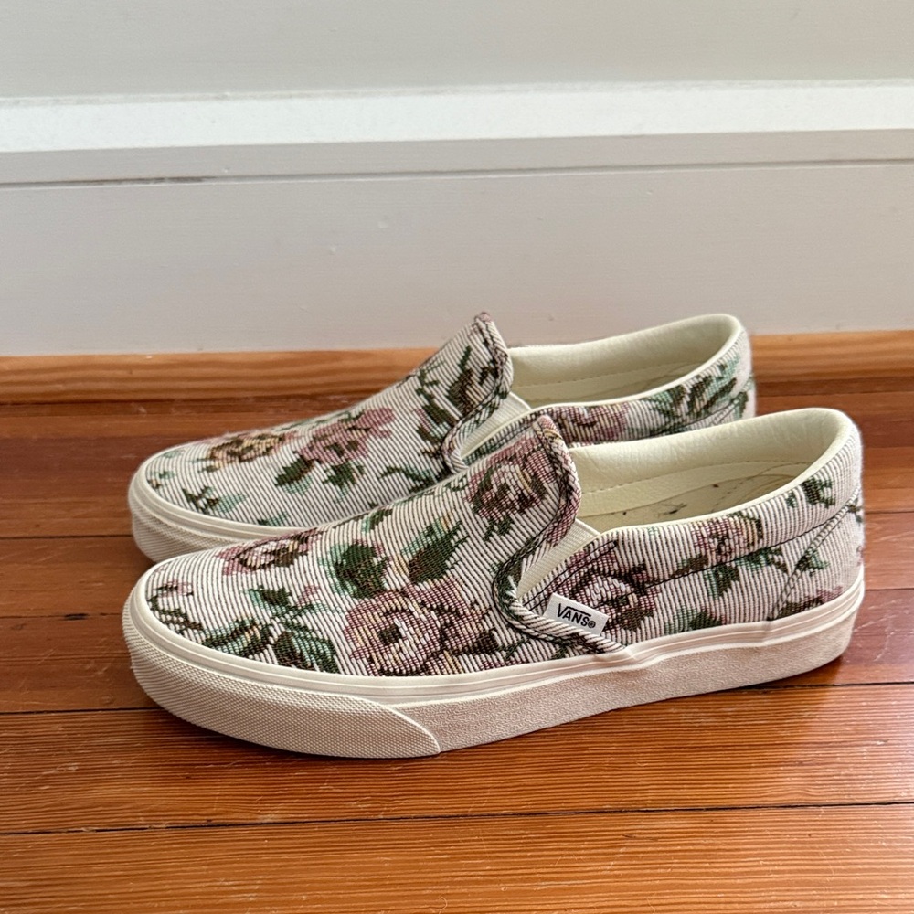 Vans Floral Canvas Slip-Ons in Pink and Green